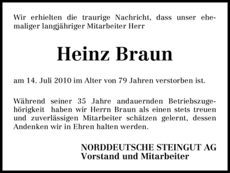 Traueranzeige von Heinz Braun von WESER-KURIER