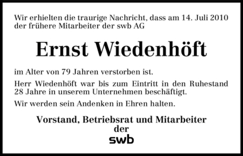 Traueranzeige von Ernst Wiedenhöft von WESER-KURIER