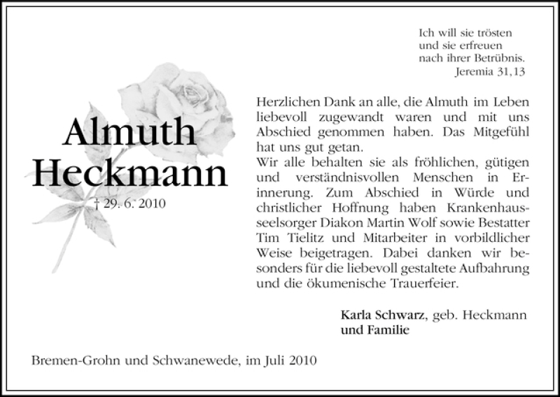 Traueranzeige von Almuth Heckmann von WESER-KURIER