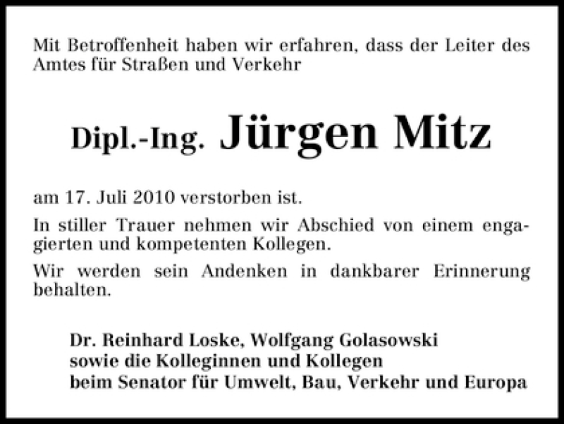 Traueranzeige von Jürgen Mitz von WESER-KURIER