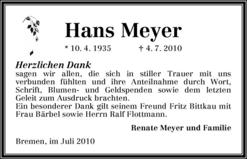 Traueranzeige von Hans Meyer von WESER-KURIER