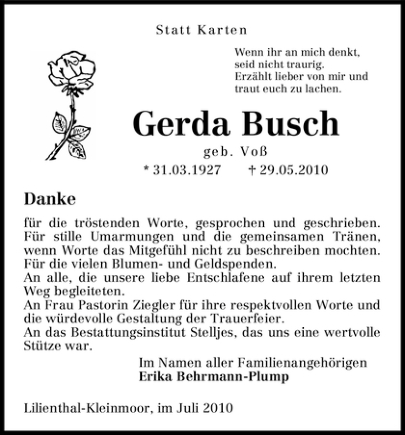 Traueranzeige von Gerda Busch von WESER-KURIER