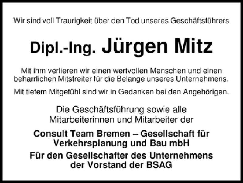 Traueranzeige von Jürgen Mitz von WESER-KURIER
