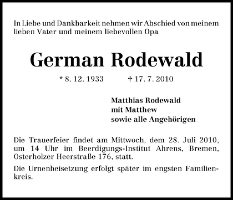 Traueranzeige von German Rodewald von WESER-KURIER