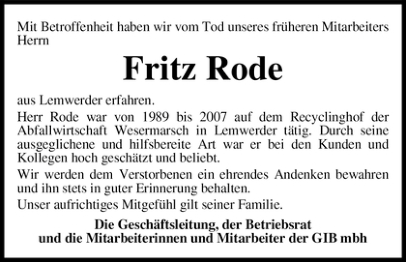 Traueranzeige von Fritz Rode von WESER-KURIER