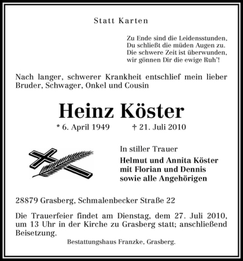 Traueranzeige von Heinz Köster von WESER-KURIER