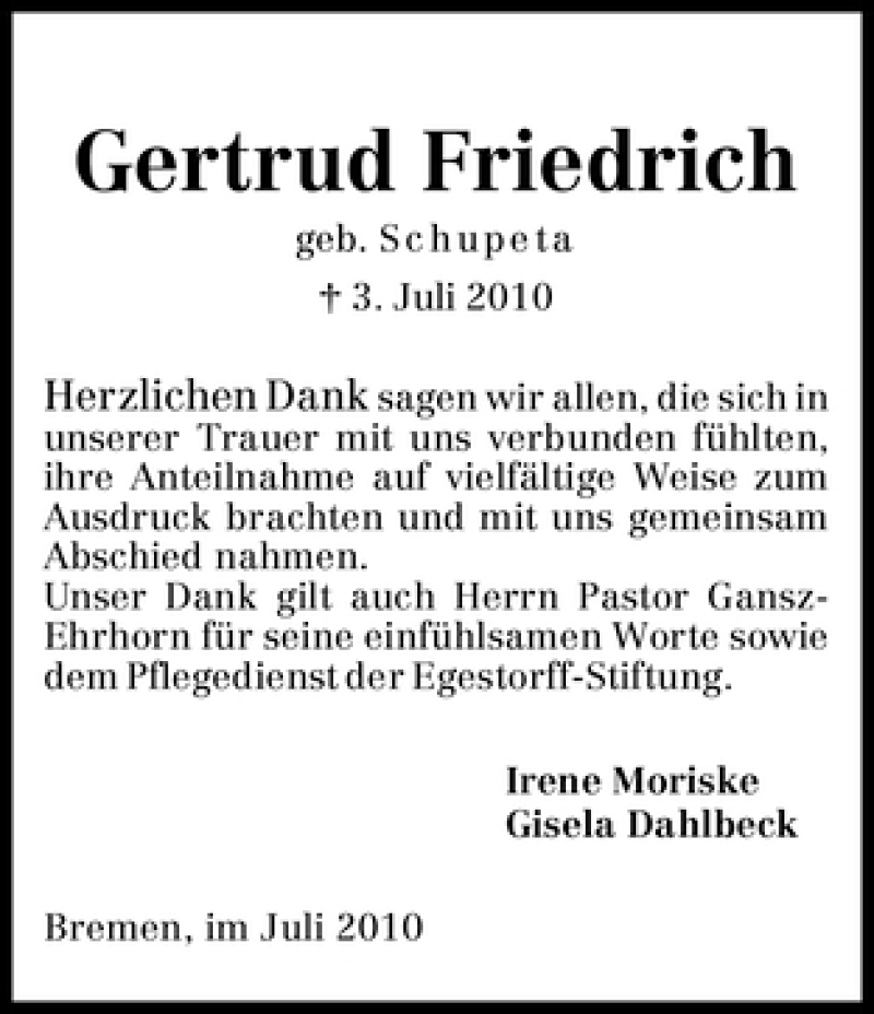 Traueranzeige von Gertrud Friedrich von WESER-KURIER