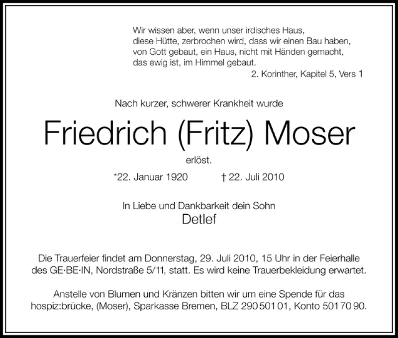 Traueranzeige von Friedrich Moser von WESER-KURIER