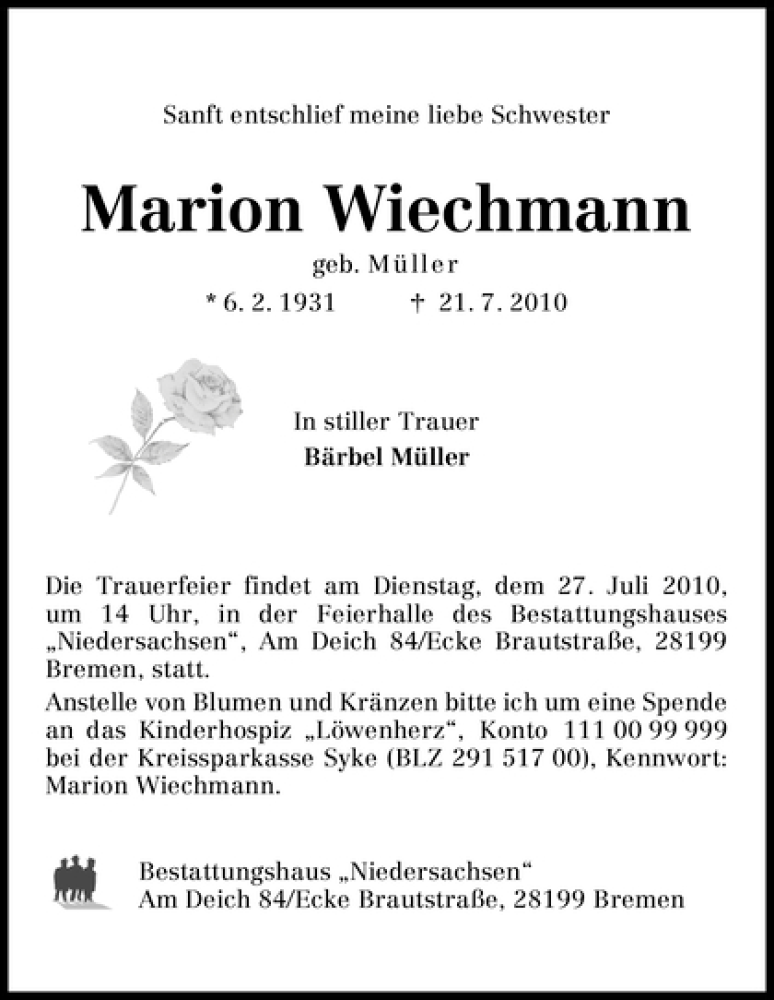 Traueranzeige von Marion Wiechmann von WESER-KURIER