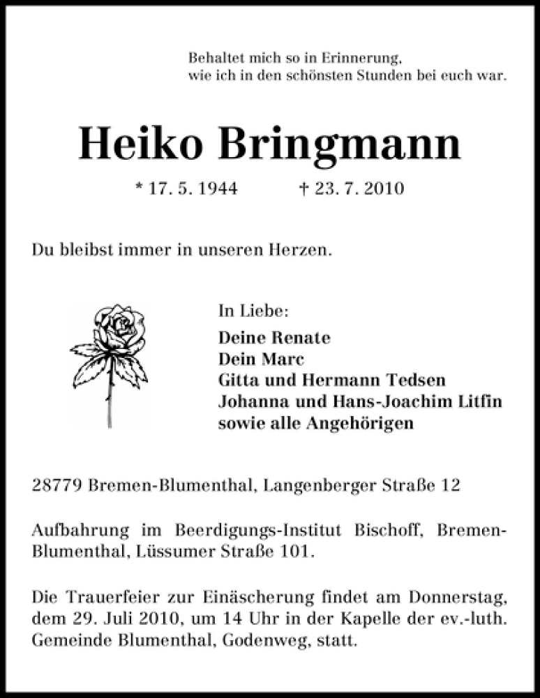 Traueranzeige von Heiko Bringmann von WESER-KURIER