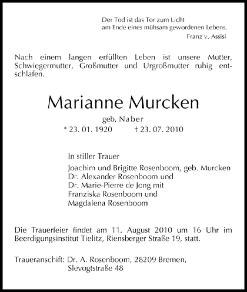 Traueranzeige von Marianne Murcken von WESER-KURIER