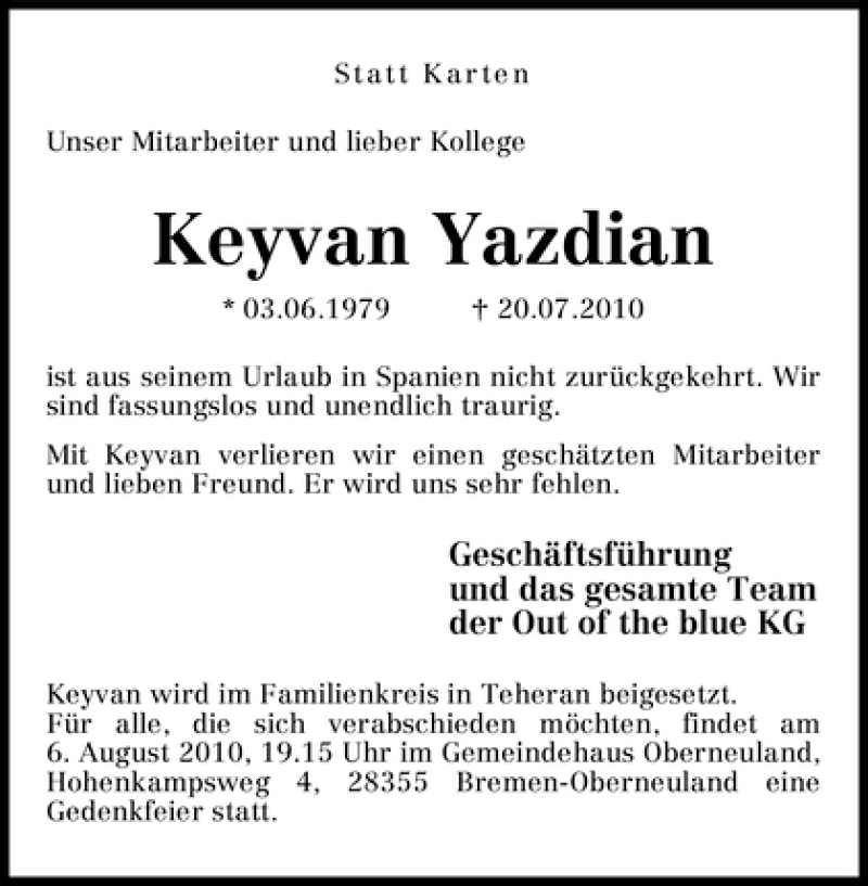 Traueranzeige von Keyvan Yazdian von WESER-KURIER