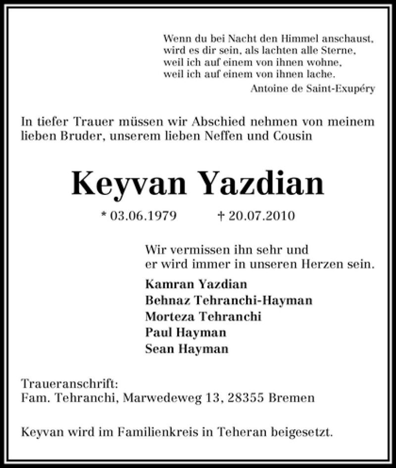 Traueranzeige von Keyvan Yazdian von WESER-KURIER