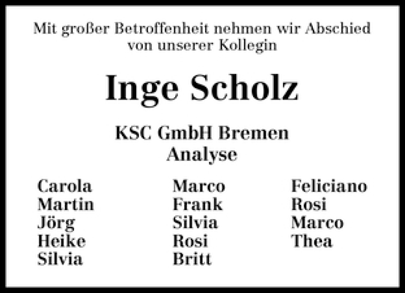 Traueranzeige von Inge Scholz von WESER-KURIER