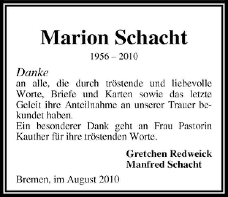 Traueranzeige von Marion Schacht von WESER-KURIER