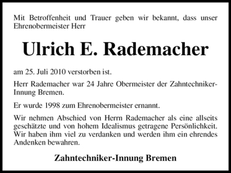 Traueranzeige von Ulrich E. Rademacher von WESER-KURIER