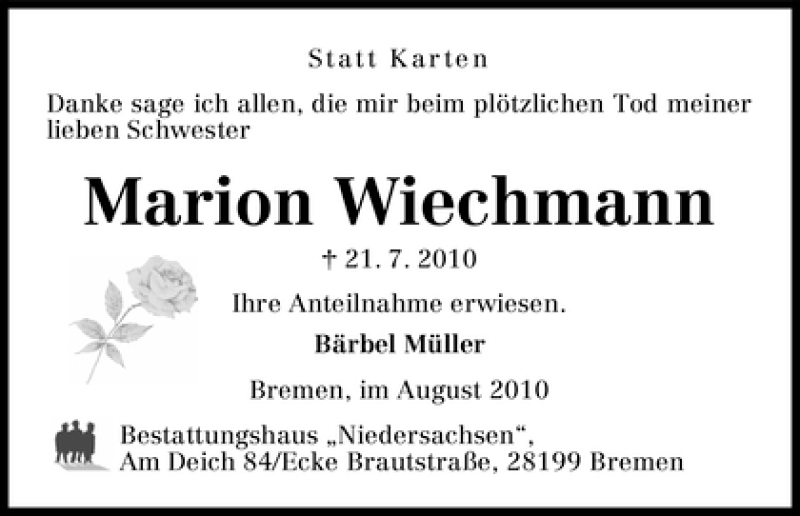 Traueranzeige von Marion Wiechmann von WESER-KURIER