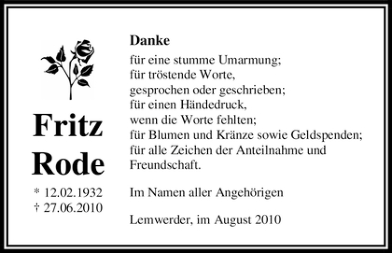 Traueranzeige von Fritz Rode von WESER-KURIER