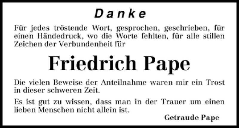 Traueranzeige von Friedrich Pape von WESER-KURIER