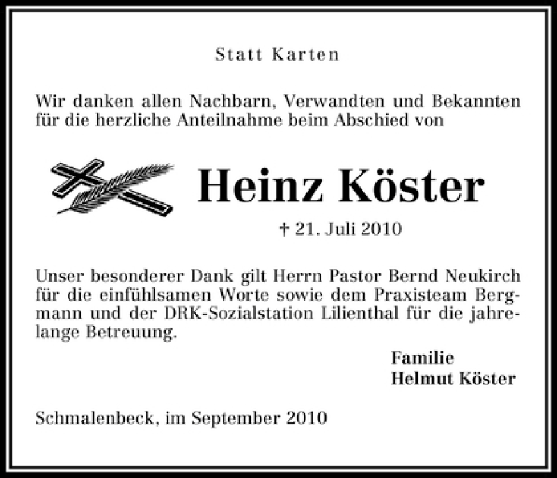Traueranzeige von Heinz Köster von WESER-KURIER