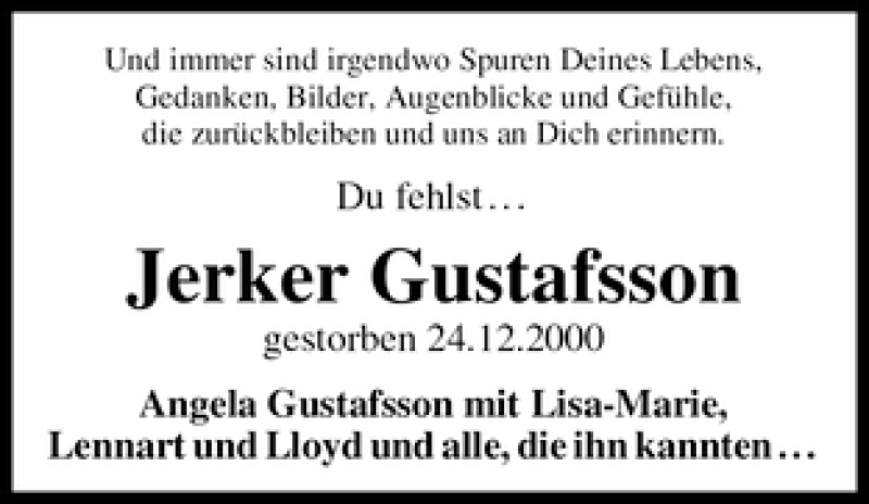 Traueranzeige von Jerker Gustafsson von WESER-KURIER