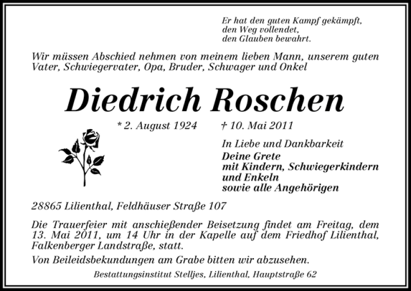 Traueranzeige von Diedrich Roschen von WESER-KURIER
