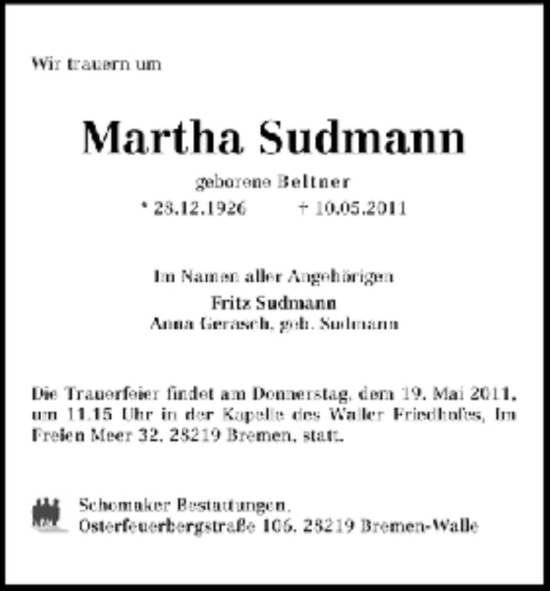 Traueranzeige von Martha Sudmann von WESER-KURIER