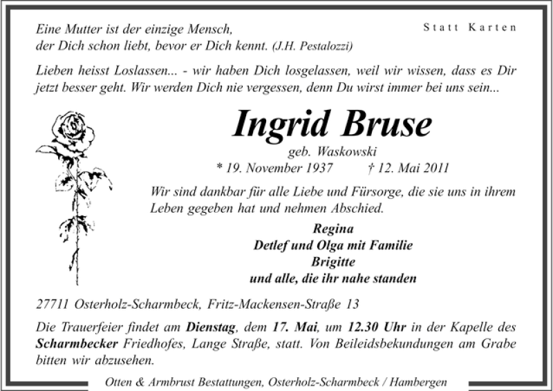 Traueranzeige von Ingrid Bruse von WESER-KURIER