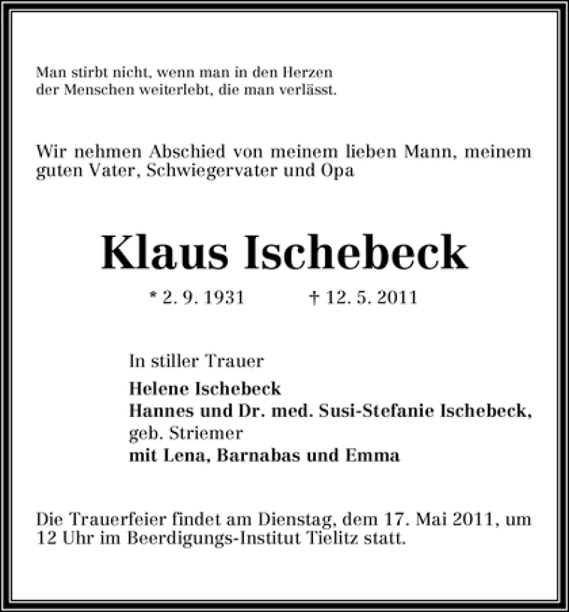 Traueranzeige von Klaus Ischebeck von WESER-KURIER