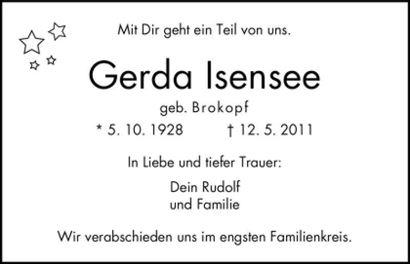 Traueranzeige von Gerda Isensee von WESER-KURIER