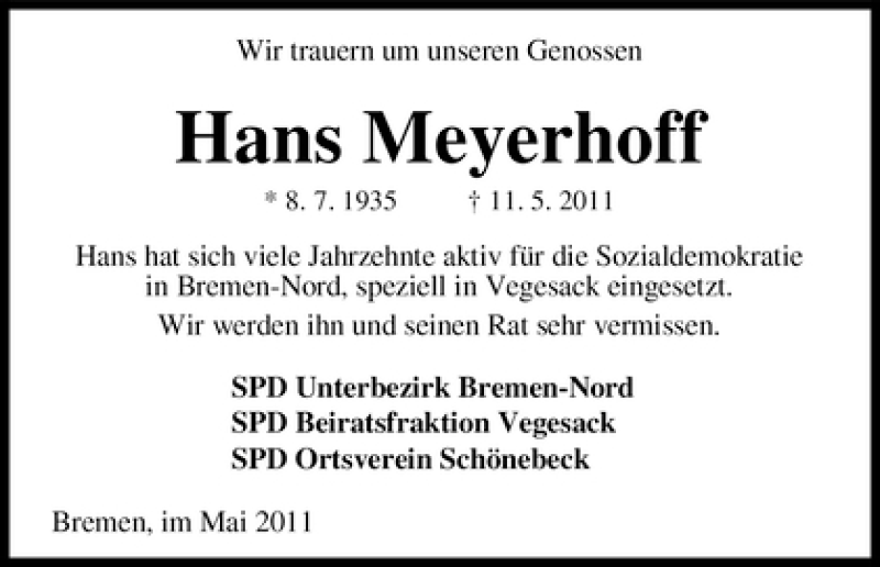 Traueranzeige von Hans Meyerhoff von WESER-KURIER