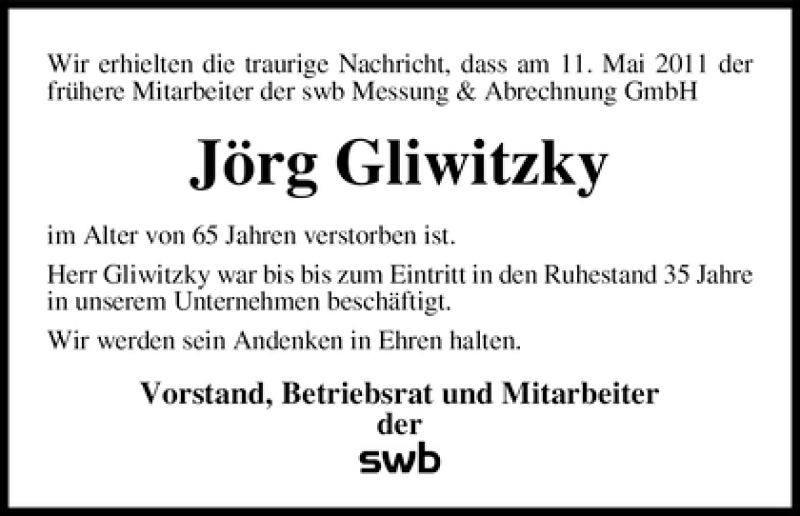 Traueranzeige von Jörg Gliwitzky von WESER-KURIER