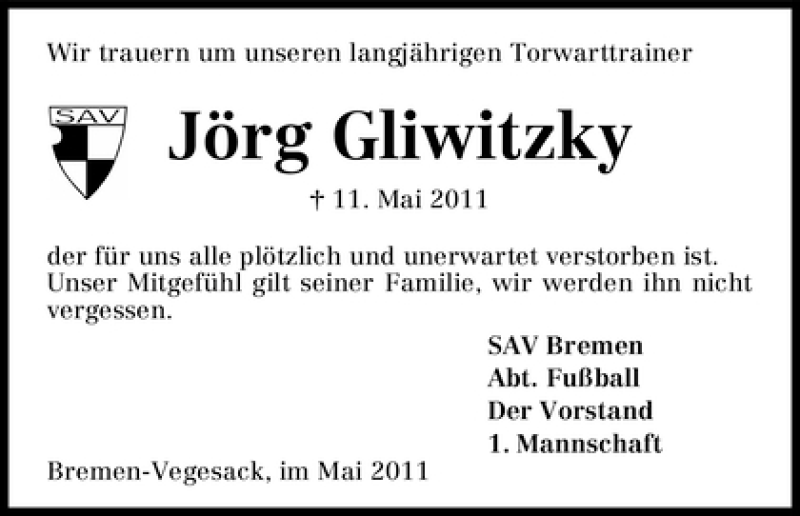 Traueranzeige von Jörg Gliwitzky von WESER-KURIER