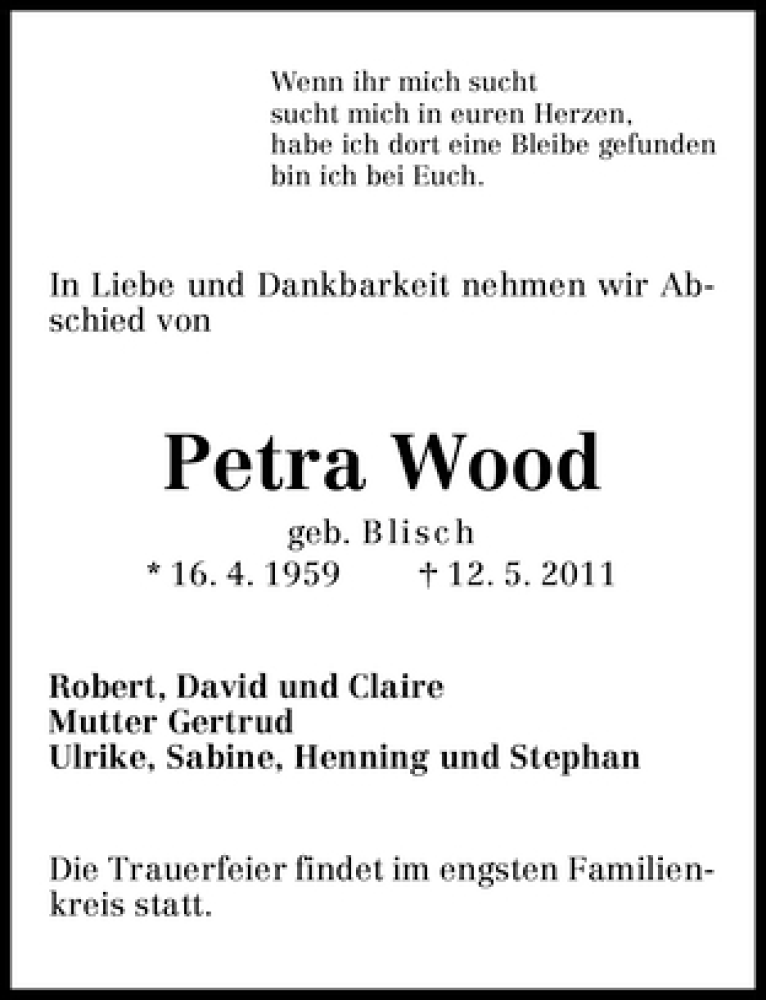 Traueranzeige von Petra Wood von WESER-KURIER