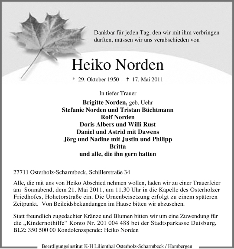 Traueranzeige von Heiko Norden von WESER-KURIER