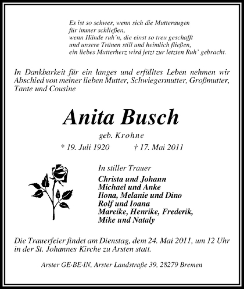 Traueranzeige von Anita Busch von WESER-KURIER