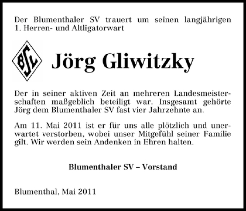 Traueranzeige von Jörg Gliwitzky von WESER-KURIER