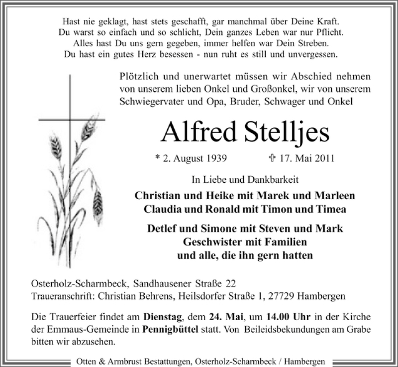 Traueranzeige von Alfred Stelljes von WESER-KURIER