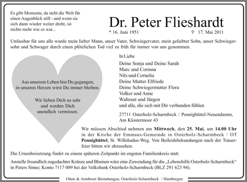 Traueranzeige von Dr. Peter Flieshardt von WESER-KURIER