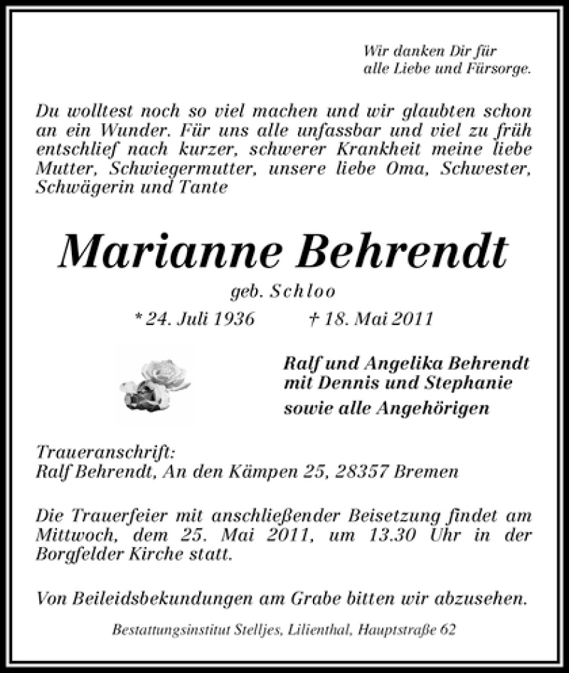Traueranzeige von Marianne Behrendt von WESER-KURIER