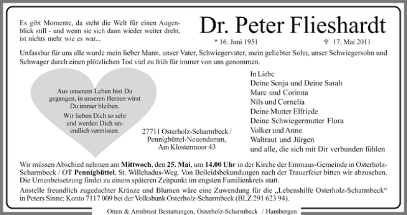 Traueranzeige von Dr. Peter Flieshardt von WESER-KURIER