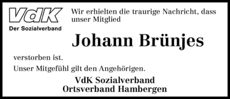 Traueranzeige von Johann Brünjes von WESER-KURIER