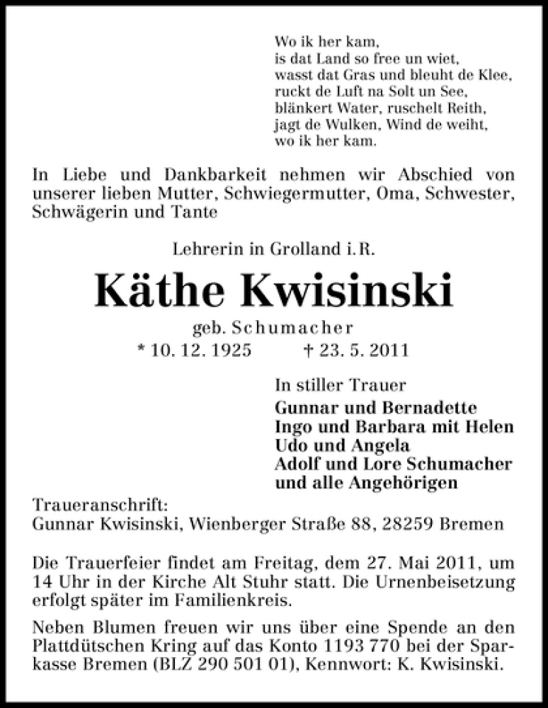 Traueranzeige von Käthe Kwisinski von WESER-KURIER
