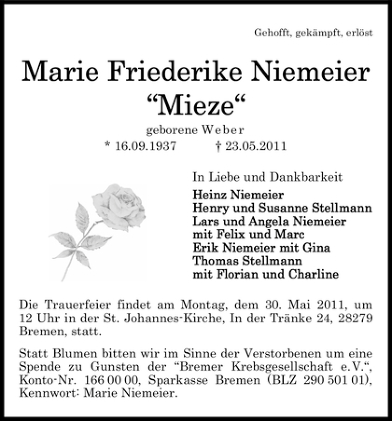 Traueranzeige von Marie Friederike Niemeier von WESER-KURIER
