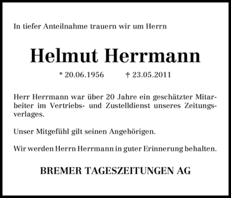 Traueranzeige von Helmut Herrmann von WESER-KURIER