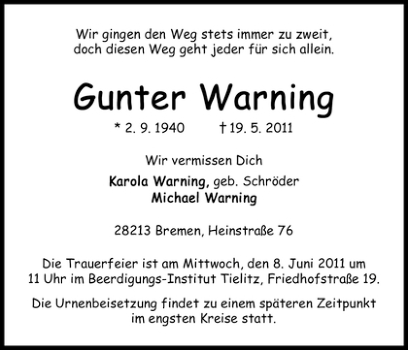 Traueranzeige von Gunter Warning von WESER-KURIER