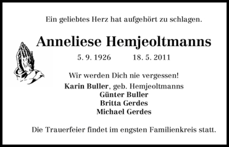 Traueranzeige von Anneliese Hemjeoltmanns von WESER-KURIER