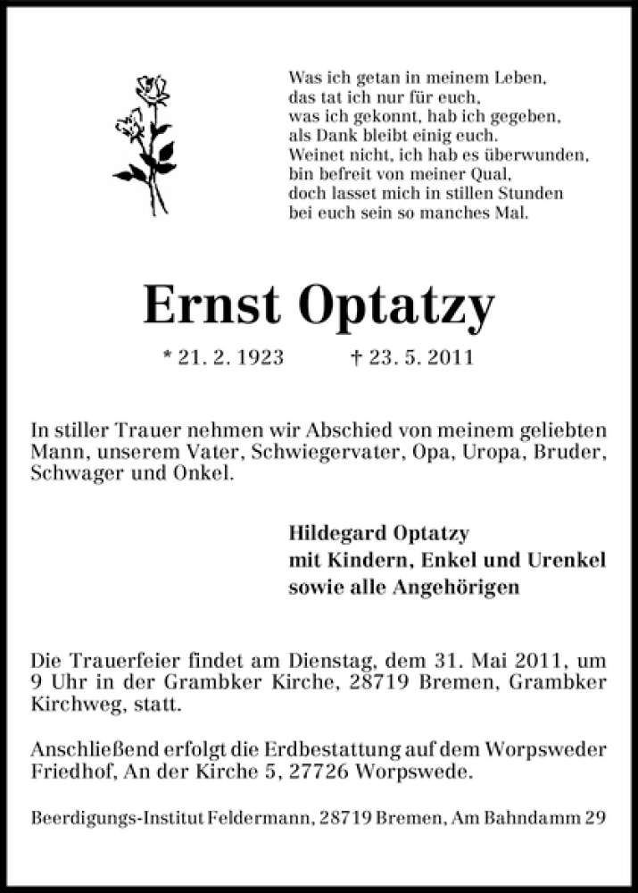 Traueranzeige von Ernst Optatzy von WESER-KURIER