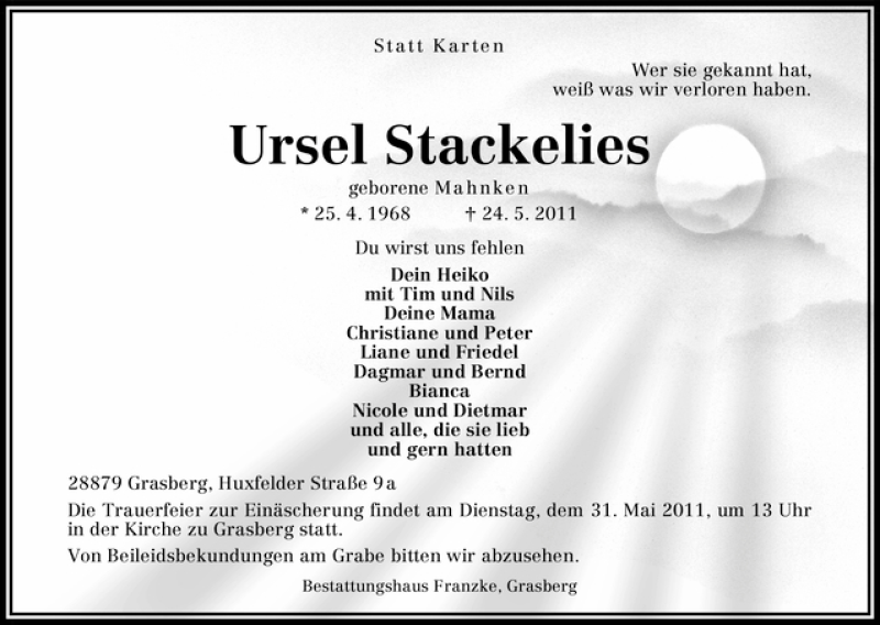 Traueranzeige von Ursel Stackelies von WESER-KURIER