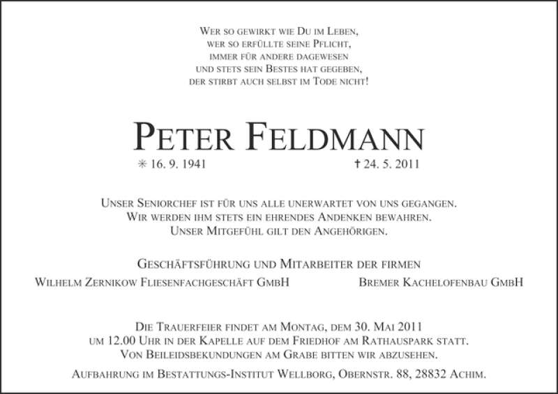 Traueranzeige von Peter Feldmann von WESER-KURIER